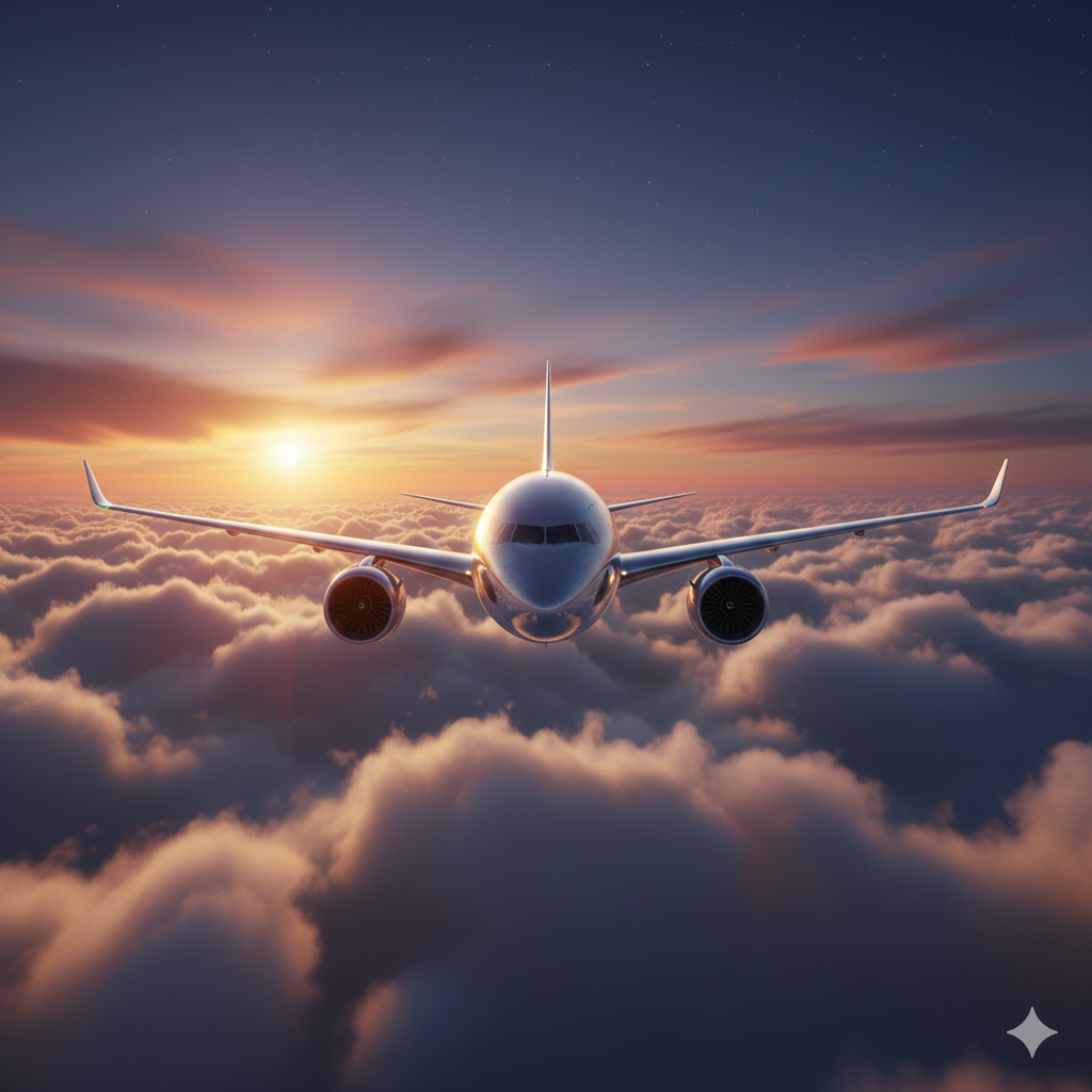 A breathtaking cinematic shot of a modern, sleek commercial passenger jet cruising smoothly above a sea of white clouds at sunset, warm cinematic lighting.